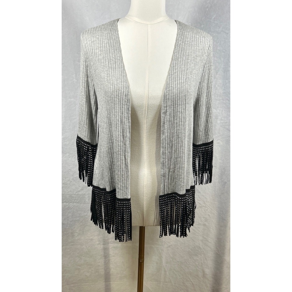 Y2K VOCAL Open Ribbed Cardigan Studded Fringe Trim Sz M Boho Gothic Rockabilly